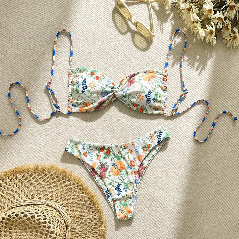 Women Vintage Floral Twist Front String Bikini Two Piece Beach Swimsuit