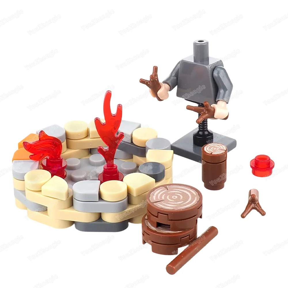 Houtgestookte stapel bouwsteen montage MOC figuren overleving met houten palen apparatuur scènemodellen plaats geschenken doe-het-zelf speelgoed