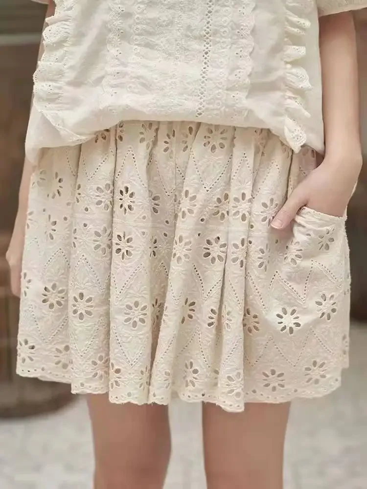 100% Cotton Linen Women Japanese Mori Girl Floral Embroidery Eyelet Wide Culottes Female Loose Edwardian Ibiza Boho Shorts Skirt