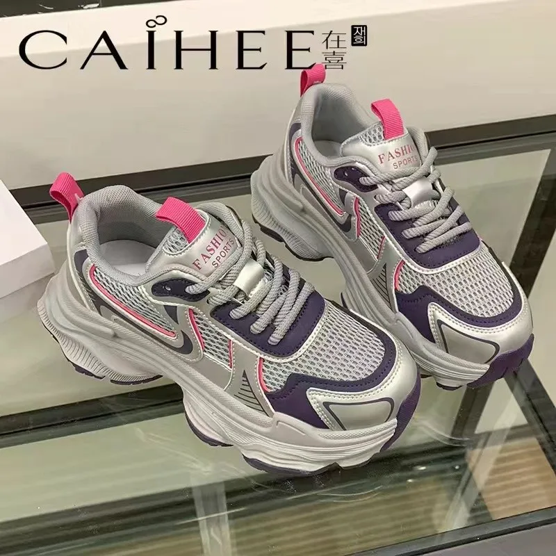 

European Style Dad Sneakers for Women 2025 Spring new style mesh breathable platform thick-soled casual running sneakers