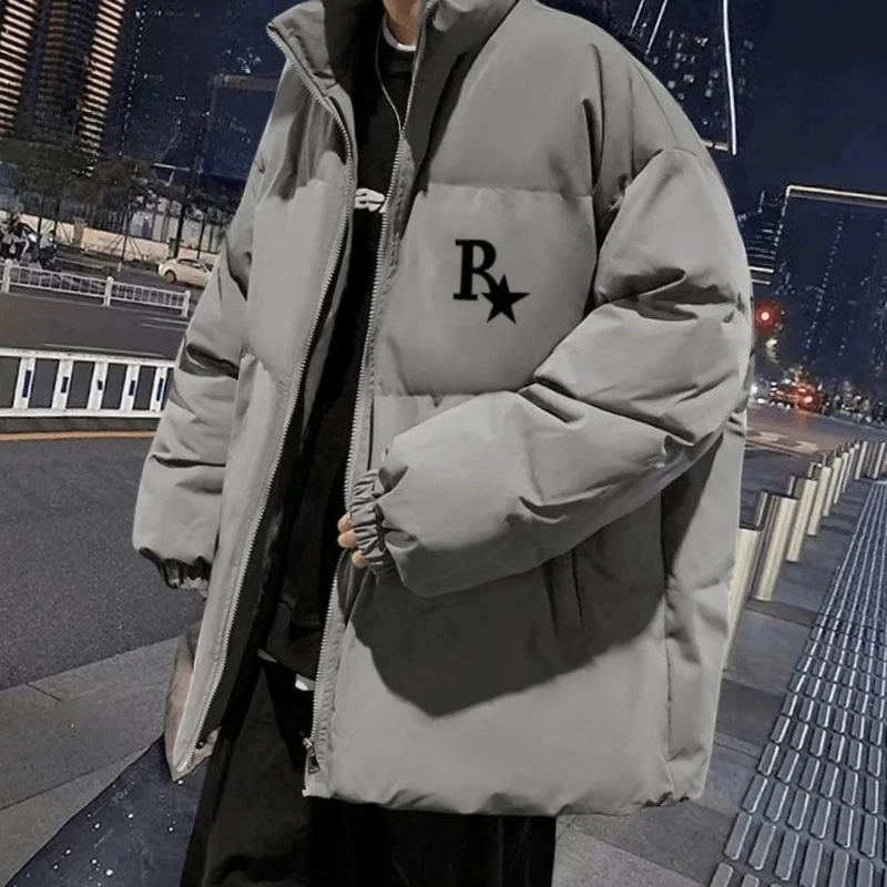 ​Trendy Men's Winter Cotton Jacket 2025​  Hong Kong Inspired Loose Print Coat Unisex Streetwear Outerwear with Zip Closure