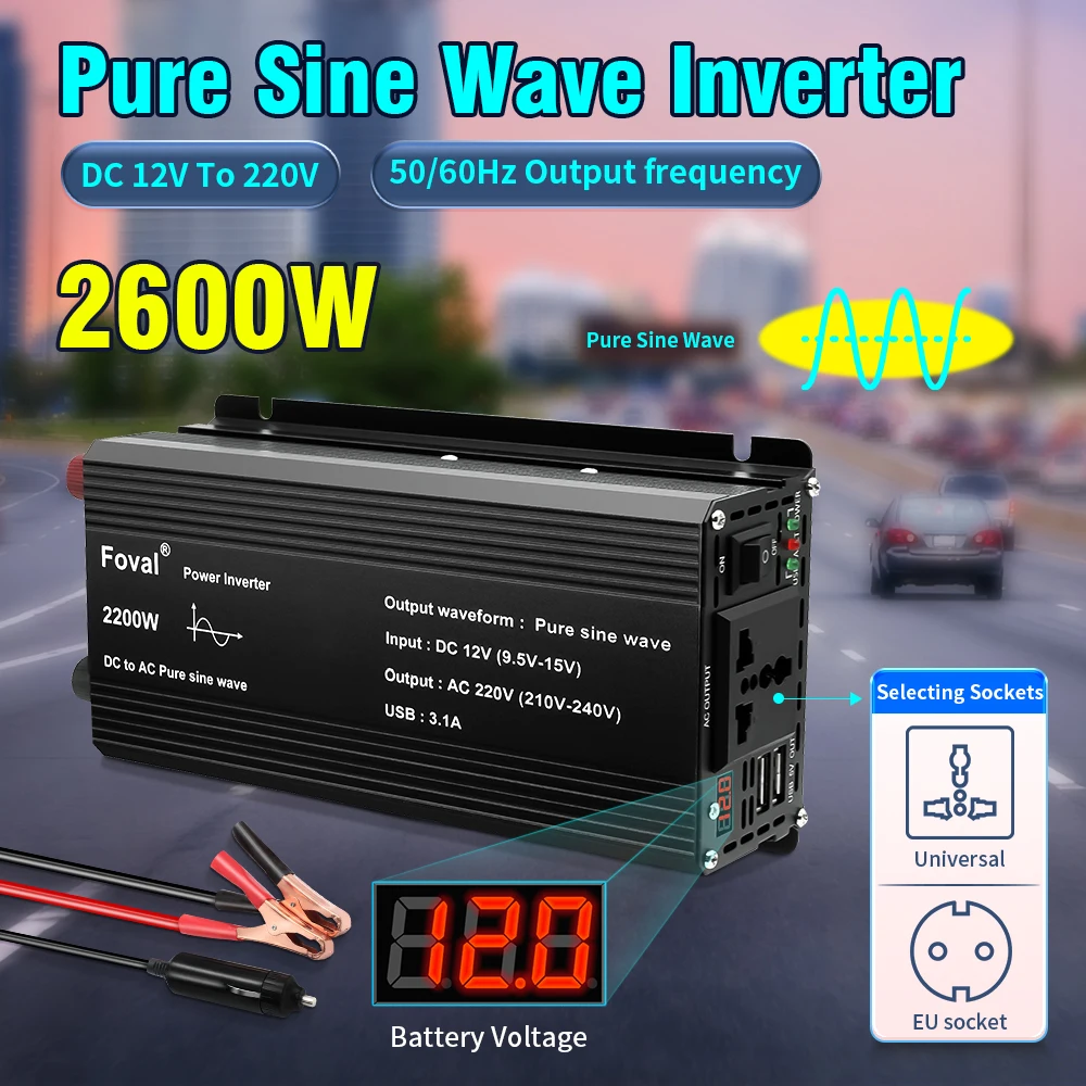 

Inverter 1000W 1500W 2200W 2600W Pure Sine Wave DC to AC 12V 220V 230V EU Universal Socket Solar Converter Cars Accessories