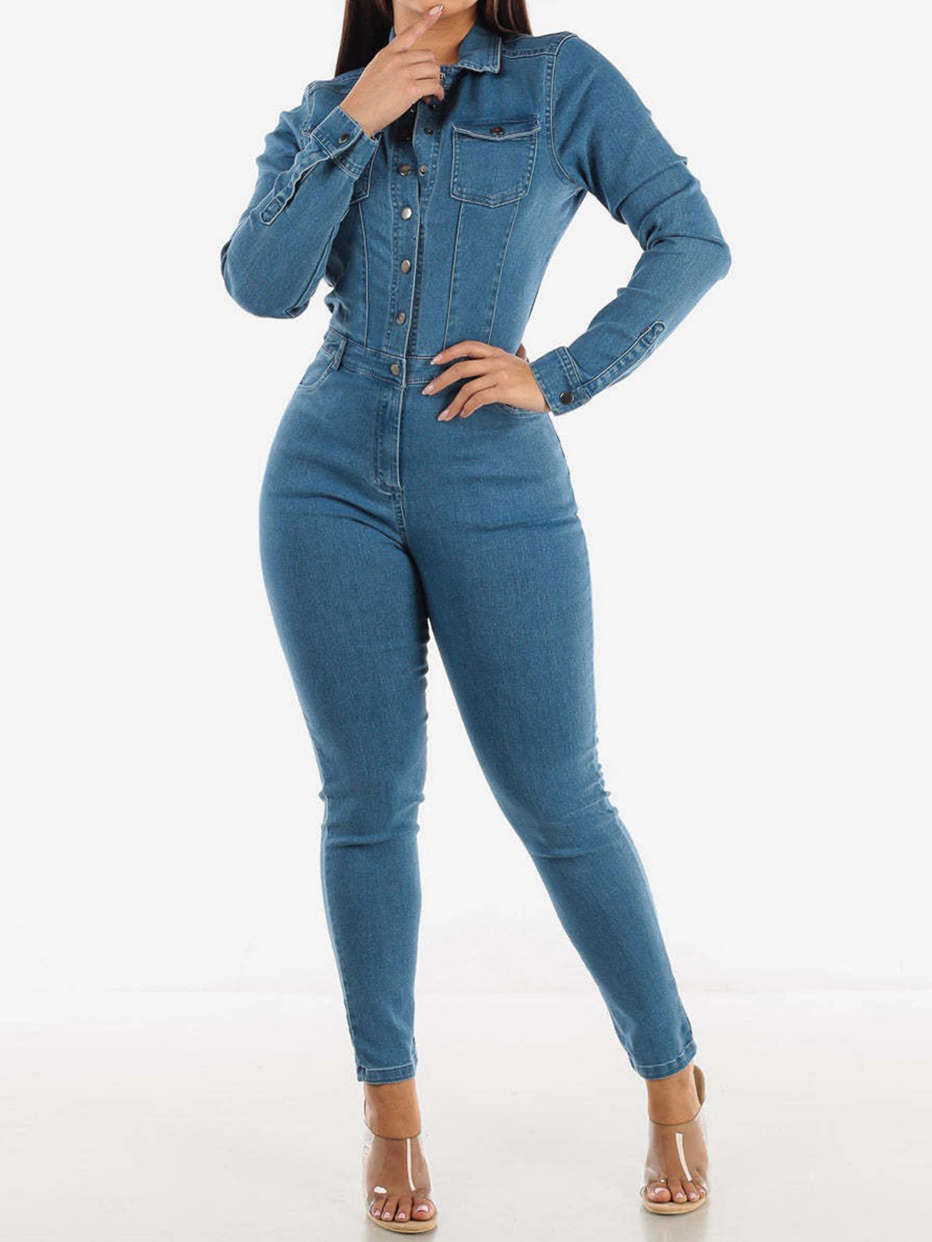 

Новый женский классический синий узкий джинсовый комбинезон, который можно стирать в машине, подходит для повседневного ношения