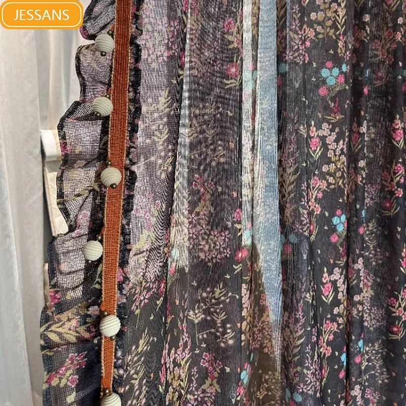 New French Retro Printing Lace Window Screen Curtains for Living Room Bedroom French Window Customized Finished Balcony