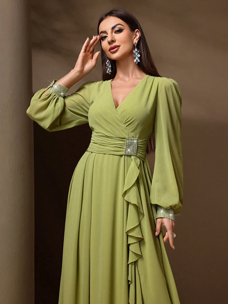 TOLEEN 2024 New Women\'s Spring/Summer Long Sleeve Draped Ruffle Luxury Elegant Formal Maxi Dress With Rhinestone Embellishment