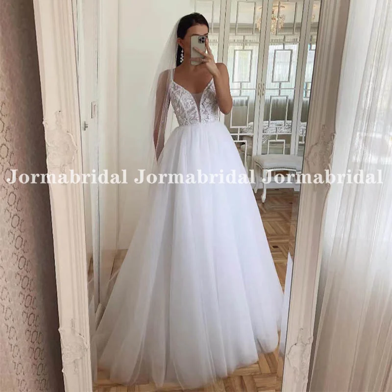 Vestidos de novia blancos de corte en A, bohemios, con tirantes finos, apliques de encaje, cuello en V profundo, tul suave, vestido de novia para mujer