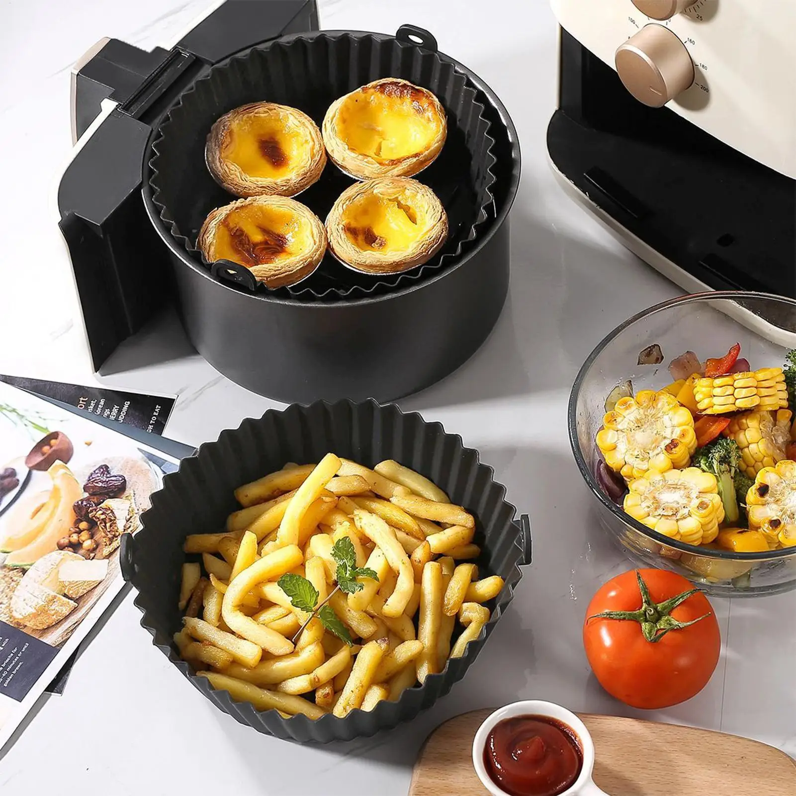 

Air Fryer Silicone Liners 4 Pieces Air Fryer Basket Liner Heat Resistant Non-Stick Tray For Baking Roasting Microwave Oven