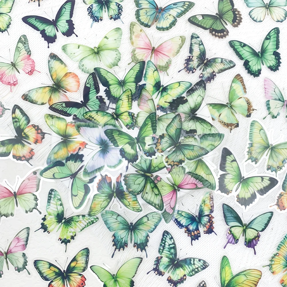 50 Uds. De pegatinas transparentes de mariposa verde para mascotas, calcomanía de grafiti de dibujos animados, manual DIY, diario, maleta, pegatinas de papelería para adolescentes