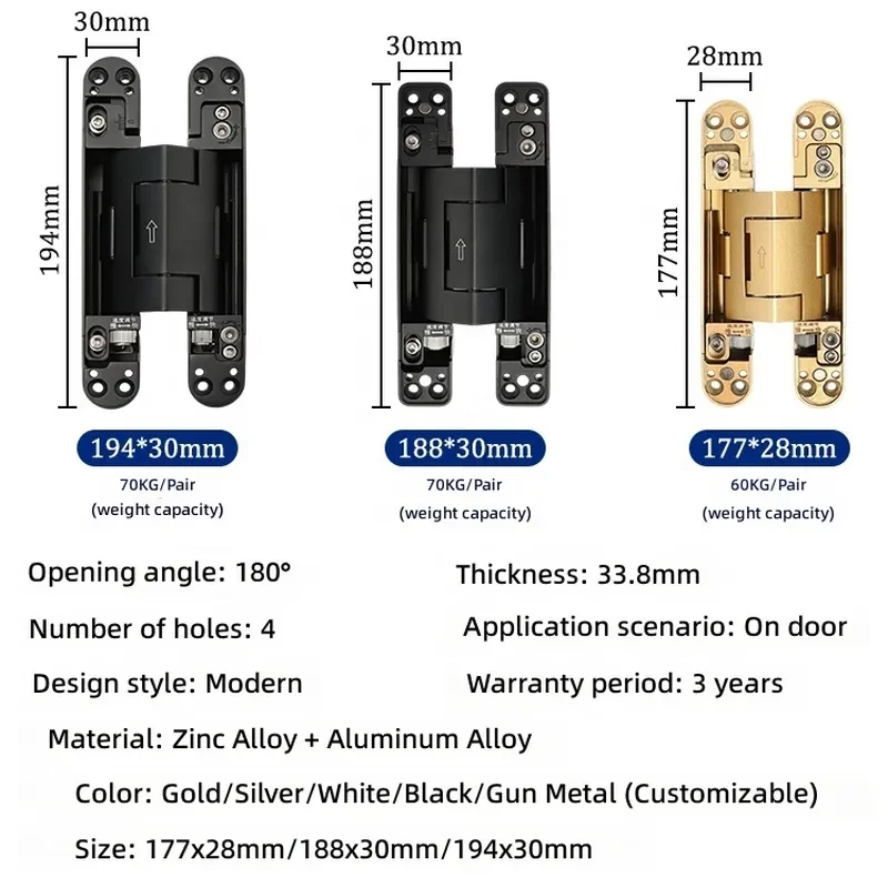 Suitable for popular simple 2D adjustable self closing hydraulic invisible hinge 194x30mm