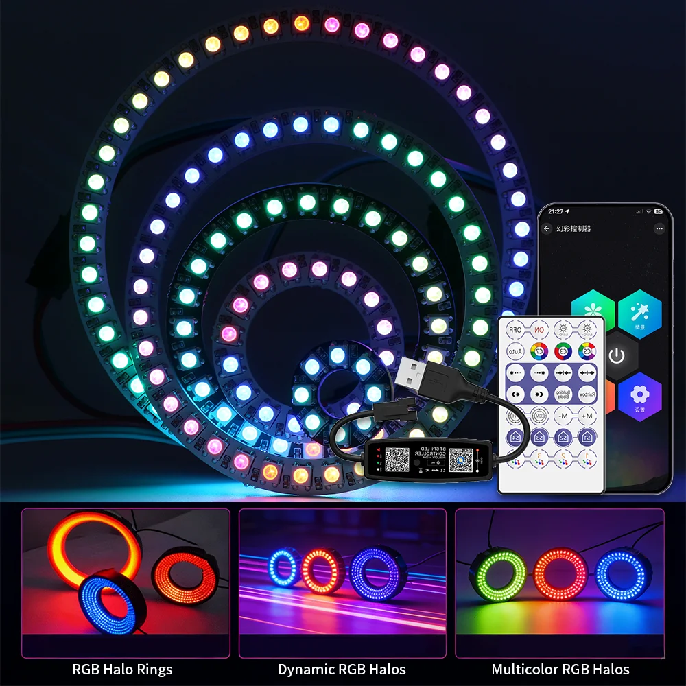 

Светодиодное кольцо WS2812B RGB для домашнего декора, DIY, с USB, 28-кнопочным Bluetooth-контроллером для музыки, 5050, с индивидуальной адресацией пикселей, 8/16/24/35/45 пикселей, DC5V