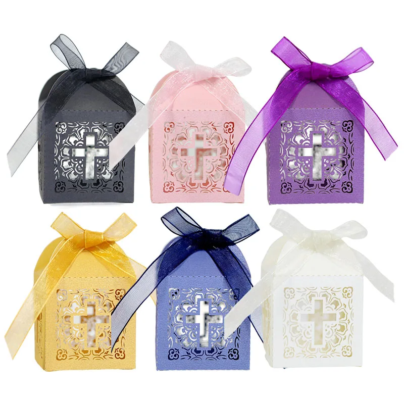 50/100pcs Lace Cross Candy Box Easter Favor Gift Packaging Box With Ribbon Birthday Baptism Wedding Communion Christening Decor