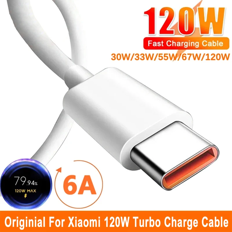 Original 120W USB Type C Cable 6A Turbo Fast Charging Wire For Xiaomi Mi 14 Ultra 13 12T Poco X6 Pro Redmi Note 13 12 11 Pro K70