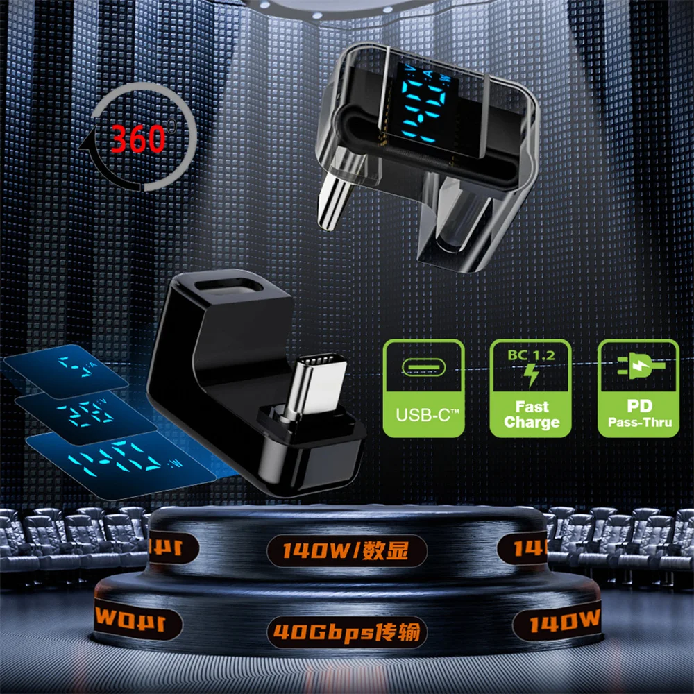 CableCC USB-C 수-암 익스텐션 어댑터, C타입 앵글 전류 전압 모니터링, LED 디스플레이, USB4.0, 40Gbps, 140W