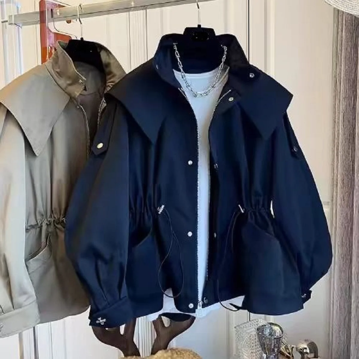 

Korean Long Sleeve Casual Loose Short Trench Coat Waist Design Jacket Chic Comfortable Fashion Korean Vintage Women's Top