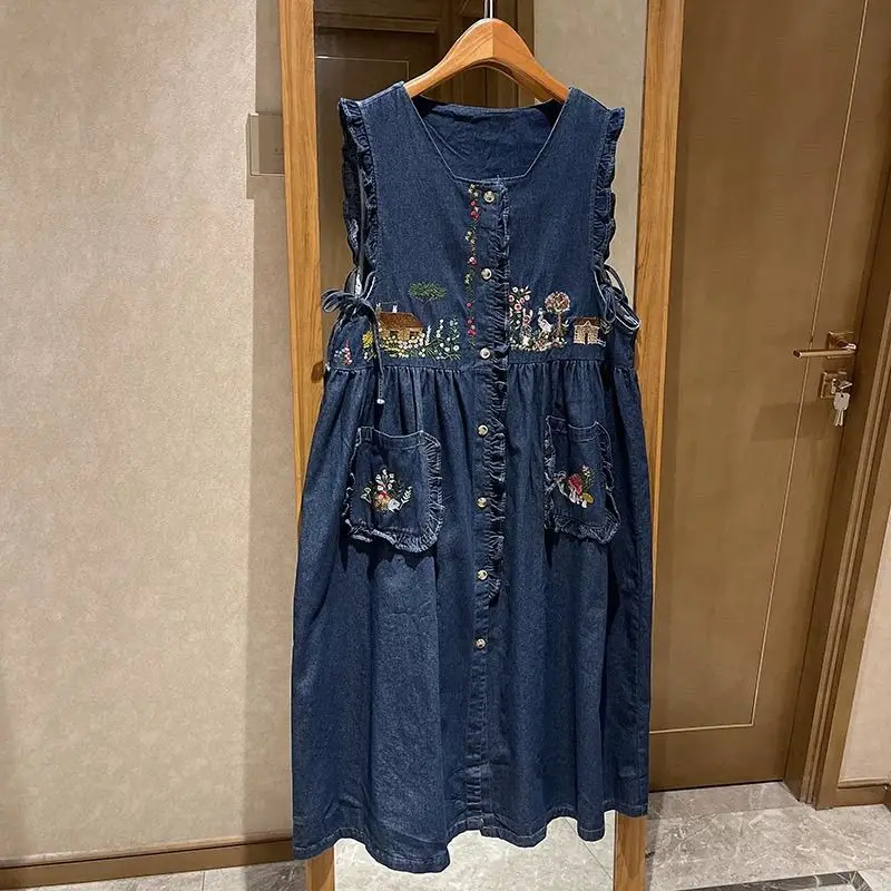 Kawaii Mori Girl Vintage Denim Tank Dresses Women Embroidery Ruffle Sleeveless Loose Cute Preppy Summer Long Dress with Pocket