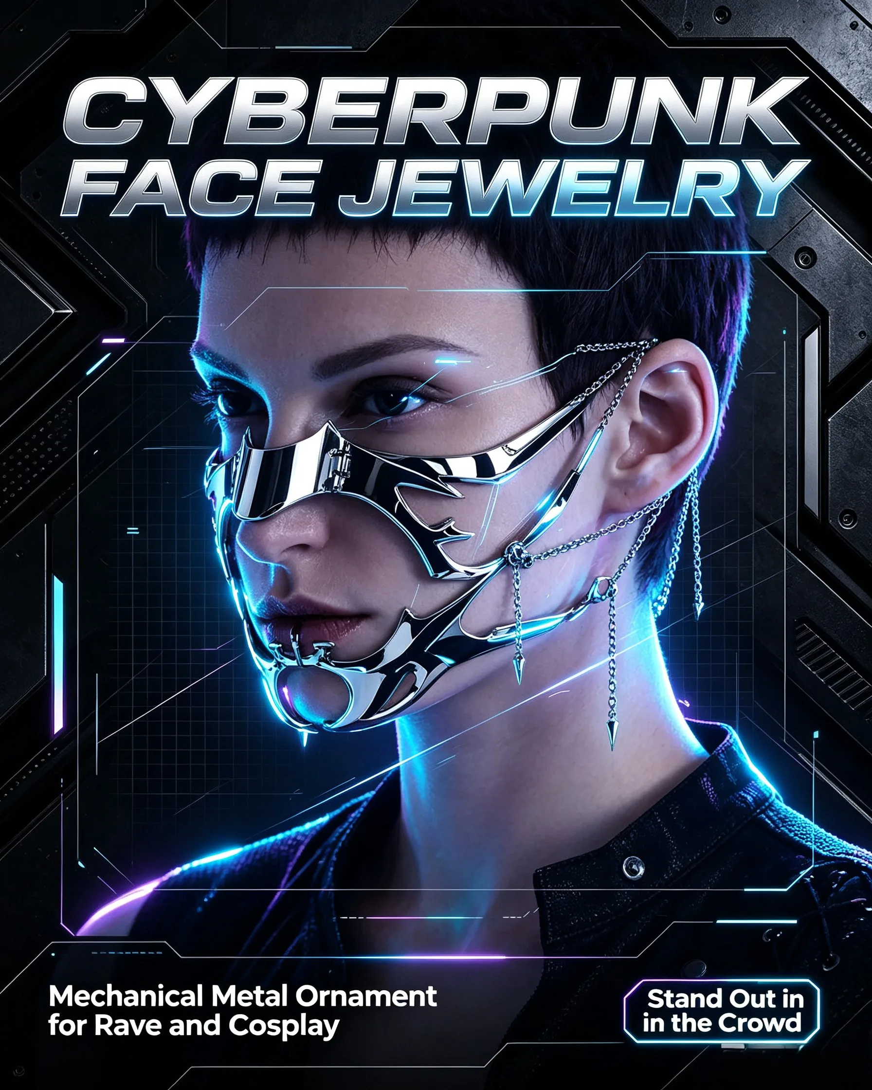 Cyberpunk Irregular Metal Face Accessory, Adjustable Futuristic Face Decor Jewelry for Party Cosplay Street Fashion
