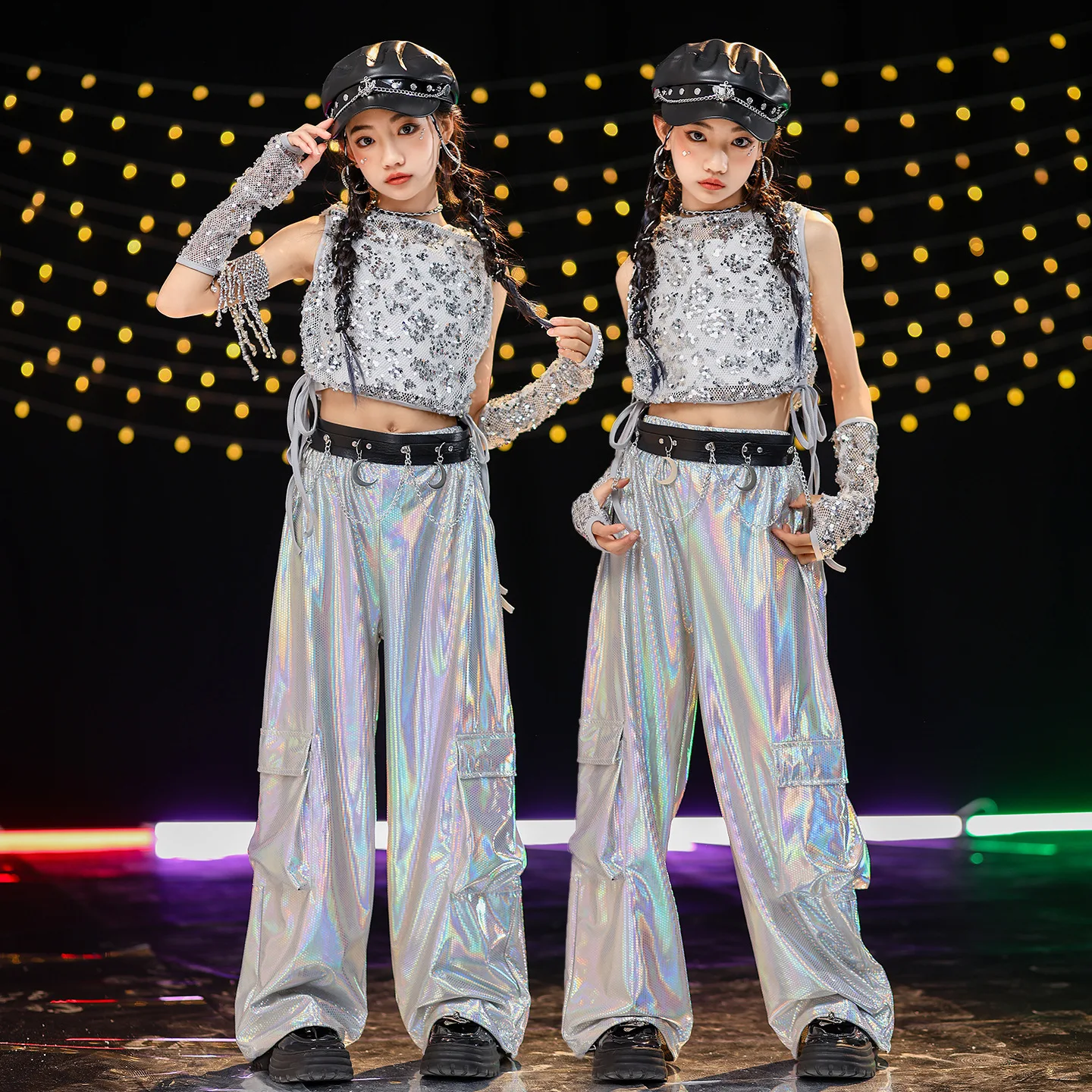 Girls Hio Hop Shiny Silver Crop Top Cargo Pants Kids K-pop Streetwear Children Jazz Girl Group Costume Hi-Tech Dance Clothes Set