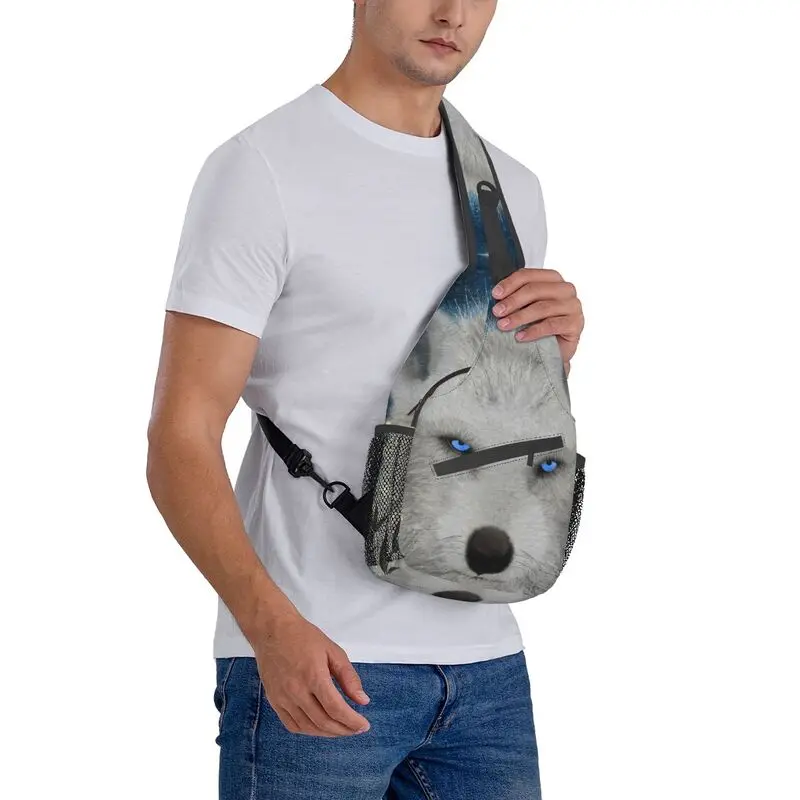 Mochila de hombro de Lobo Blanco para hombre, bandolera de pecho, Animal genial, Camping, ciclismo