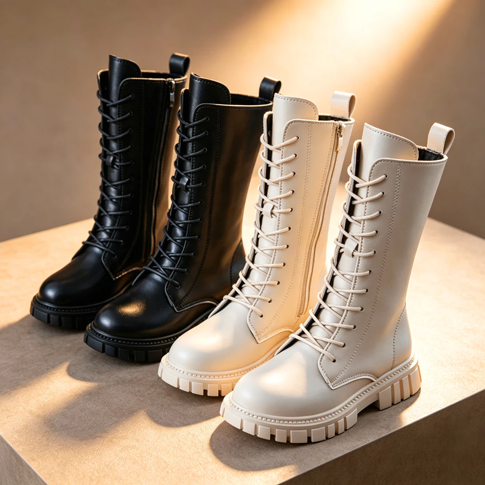 Fashion Girls Black White Tall Lace Up Boots Chunky Lug Sole Mid Calf Combat Shoes Winter Warm Boots Birthday Party School Wear