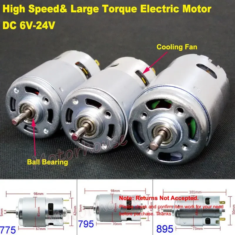 RS-775/795/895 Carbon Brush Motor DC 6V 12V 18V 24V High Speed High Power Large Torque with Ball Bearing Cooling Fan for Drill