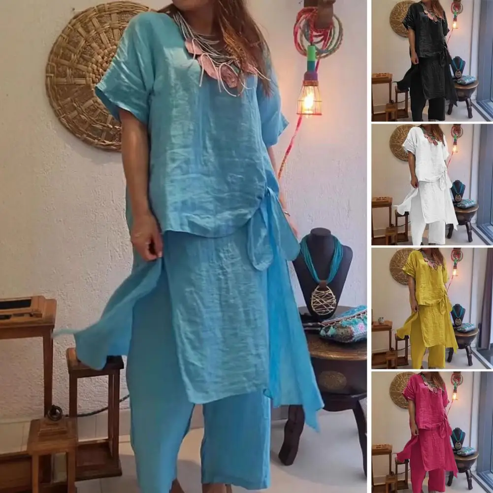 

Women Workwear Set Women Two Piece Set Stylish Women's Cotton Linen 2-piece Outfit Set with Round Neck Short Sleeves for Spring
