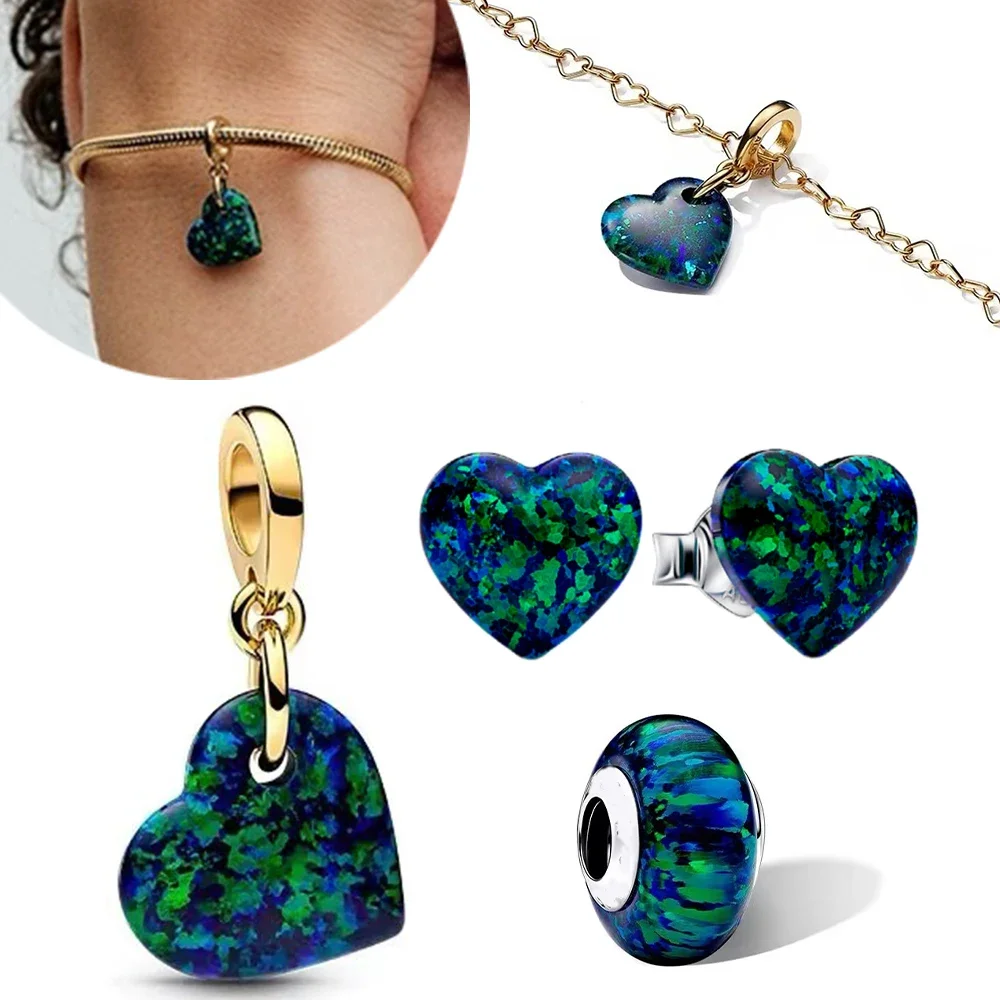 Sterling 925 Silver Beads Blue Green Illusion Heart Series Charm Fit Women's Bracelet Necklace Earrings Diy Jewelry Gift view 3
