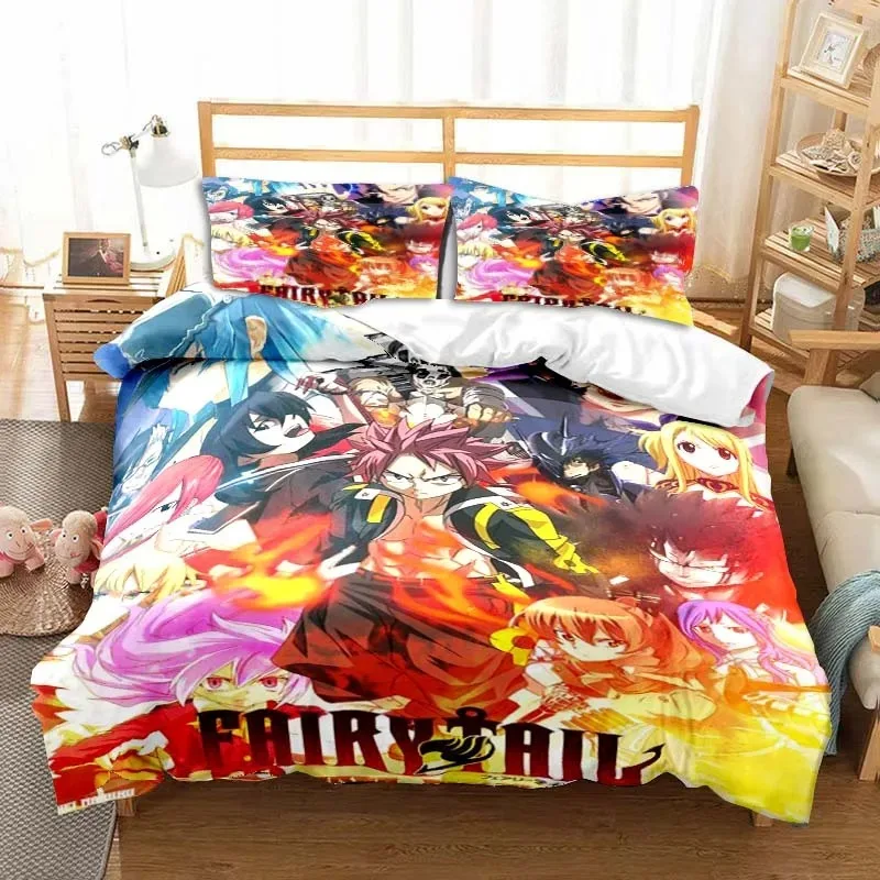 3D Anime Fairy Tail Bedding Set Bed Three-piece Set Duvet Cover Single Double Bed Queen Size Duvet Cover Set Adult Kid's Bedroom