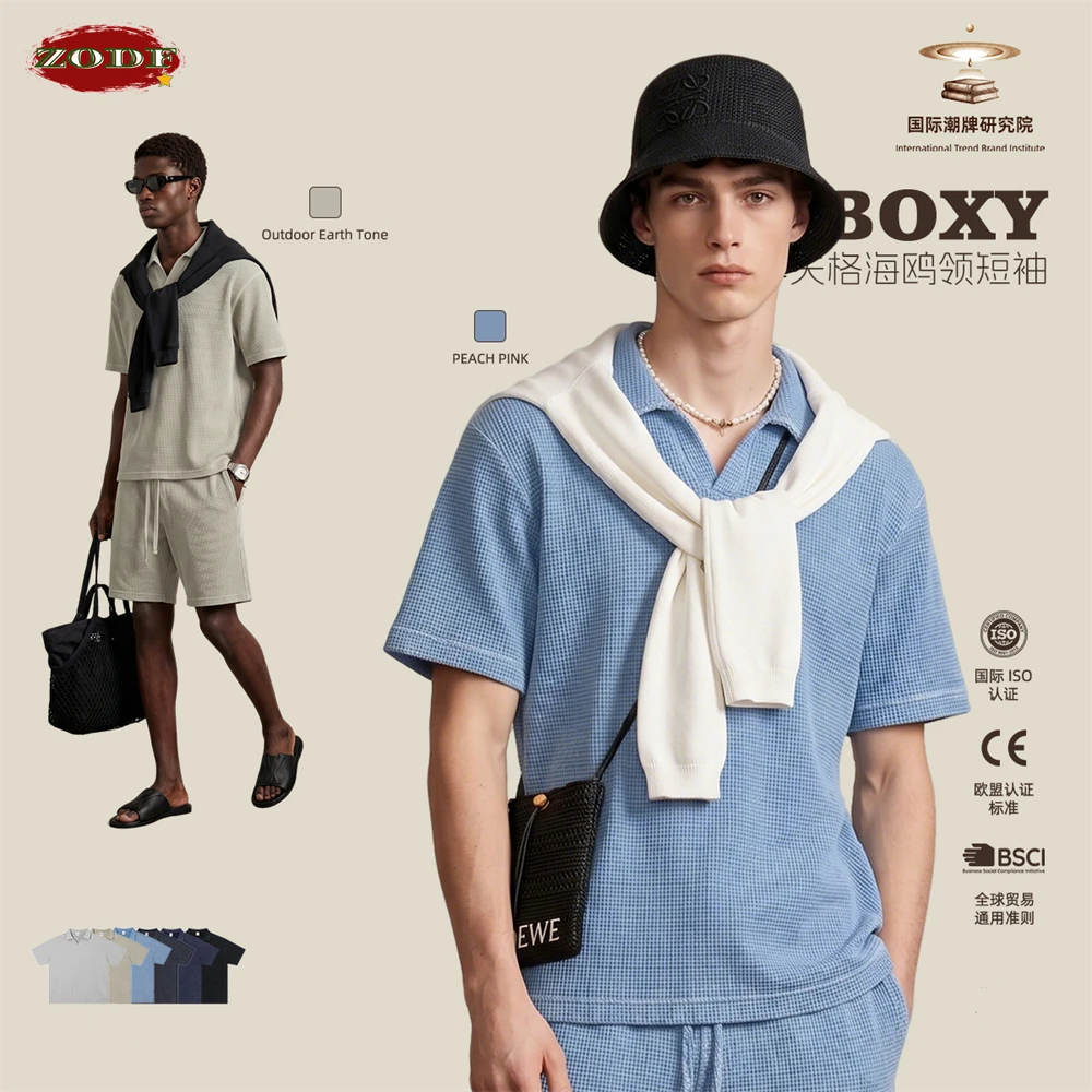 ZODF Retro Summer Men Washed Waffle Polo T Shirts Unisex 235gsm Old Money Style Distressed Down Collar T-Shirt Brand Tees HY1276