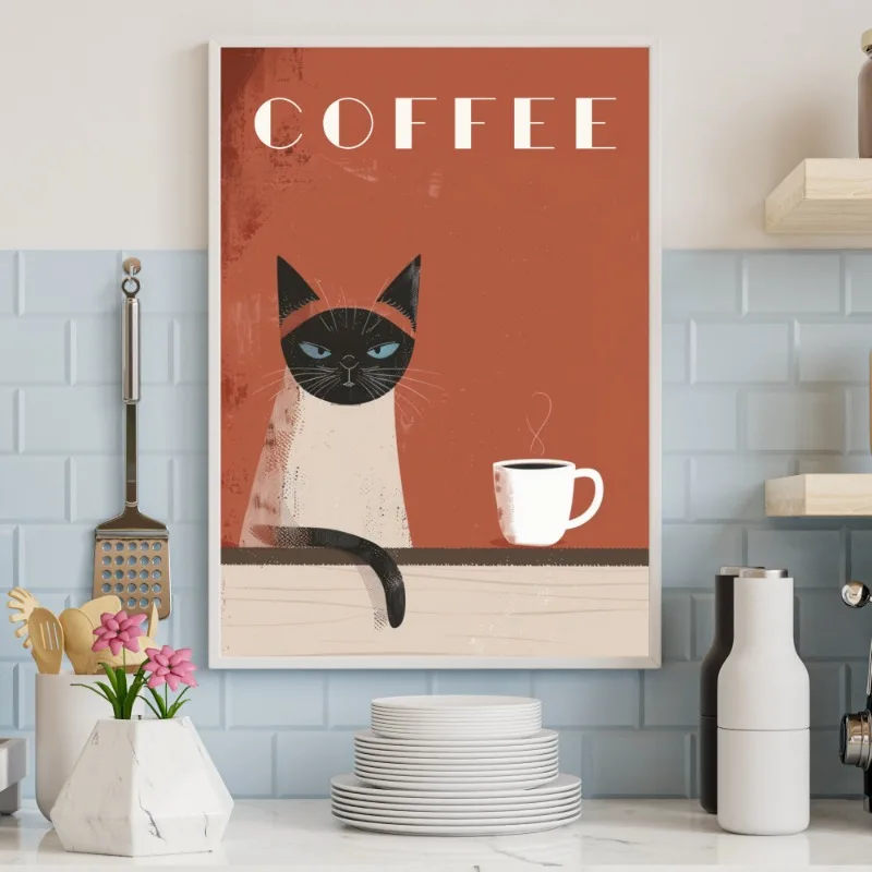 بوهو الحد الأدنى الكرتون الكلب القط مقهى قماش جدار الفن لطيف الحيوان القهوة المشارك المطبخ غرفة المعيشة ديكور هدية لمحبي الحيوانات الأليفة