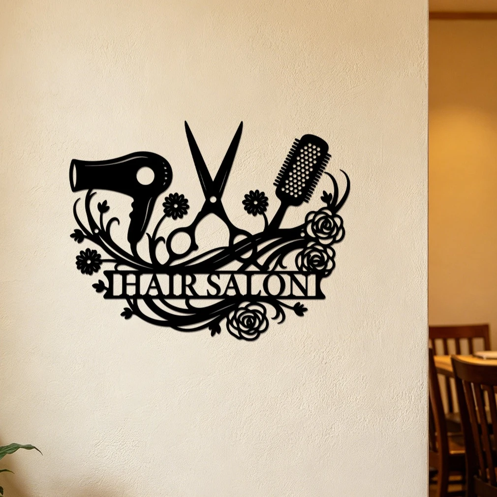Hair Salon Tools Metal Wall Art Custom Name, Personalized Barber Shop Sign, Floral Laser Cut Decor  Salon Reception Wall Art