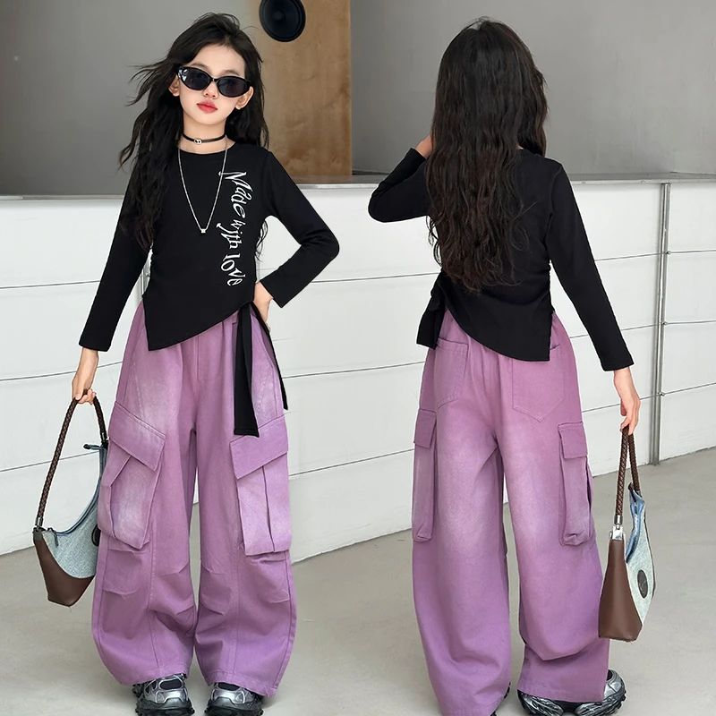 

Children's Sporty Sets Girls'Street Fashion Spring Autumn New Children Letter Printed Tee+Drawing Cargo Pants Girl Pop 2pcs Suit