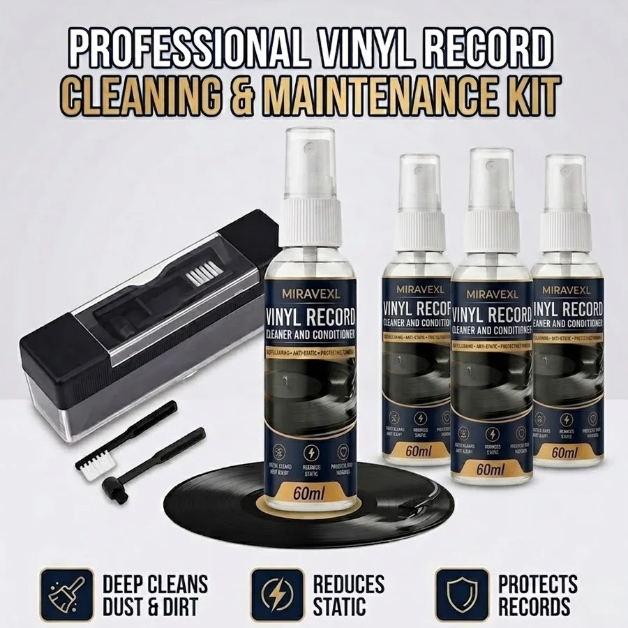 MIRAVEXL Vinyl Record Care Kit: Includes 60ml Cleaning Fluid and Anti-Static Velvet Brush — Dedicated Record Maintenance Set