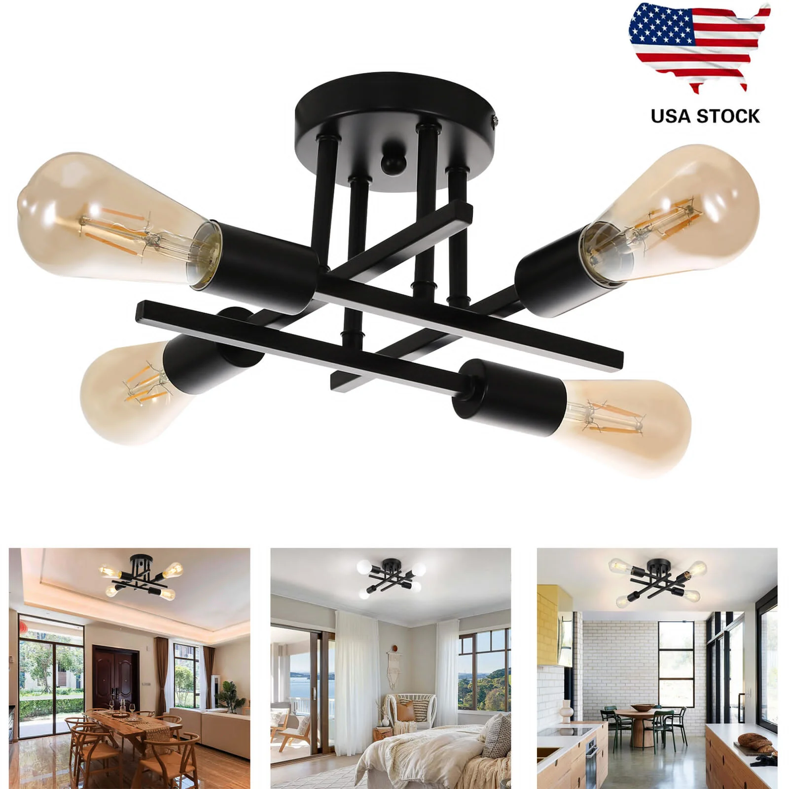 

（Ship From USA)Modern Ceiling Light Fixture Led Ceiling Lamp Chandelier Flush Mount Lighting Black For Living Room Bedroom Light