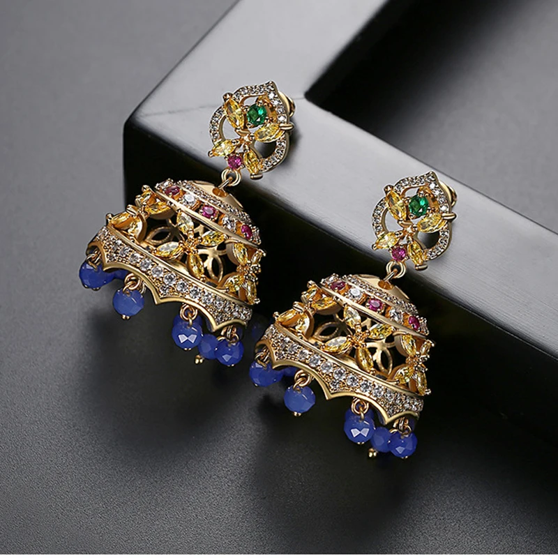 Fashion Gold Color Blue Beads Drop Earrings Bell Jhumka Indian Jhumki Cubic Zirconia Jewelry Women Bollywood Ethnic Gypsy Gifts