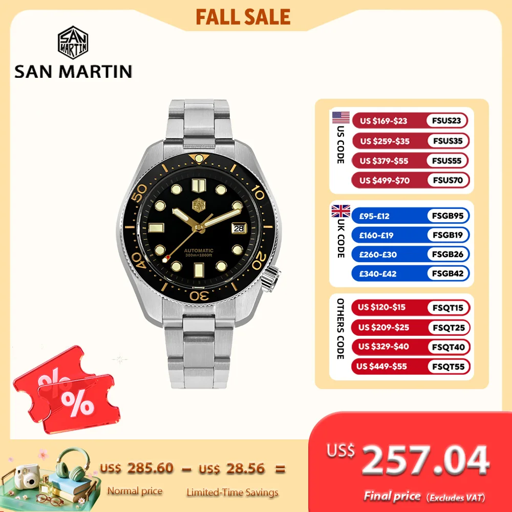 San Martin 44mm MM300 Black Turtle NH35 Men's Watch Mechanical Vintage Sapphire Date Window Gilt Dial 30Bar Reloj Hombre SN0087