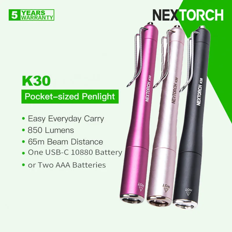 Nextorch K30 High Performance Pocket-sized Penlight/Flashlight, 850 Lumens, 4 Lighting Modes, Chrome-Plated Press Switch