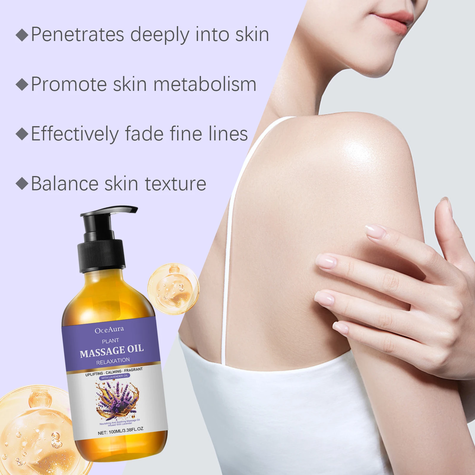 Óleo essencial de lavanda calmante muscular alívio do estresse aroma floral desbotamento linha fina hidratante nutritivo corpo spa massagem óleo