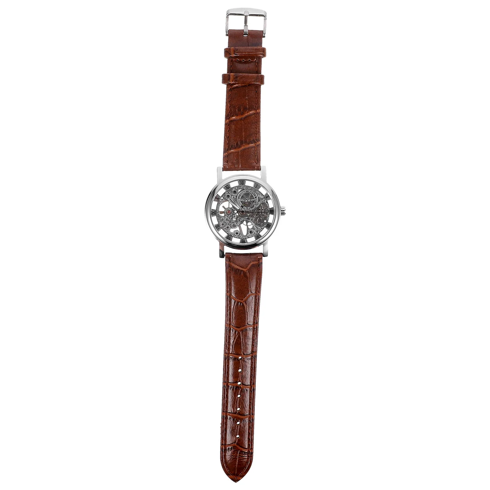 

Men'S Mechanical 036 Silver Brown Hollow Out Round Dial Manual Wind Stainless Steel Alloy Pu Strap Adjustable