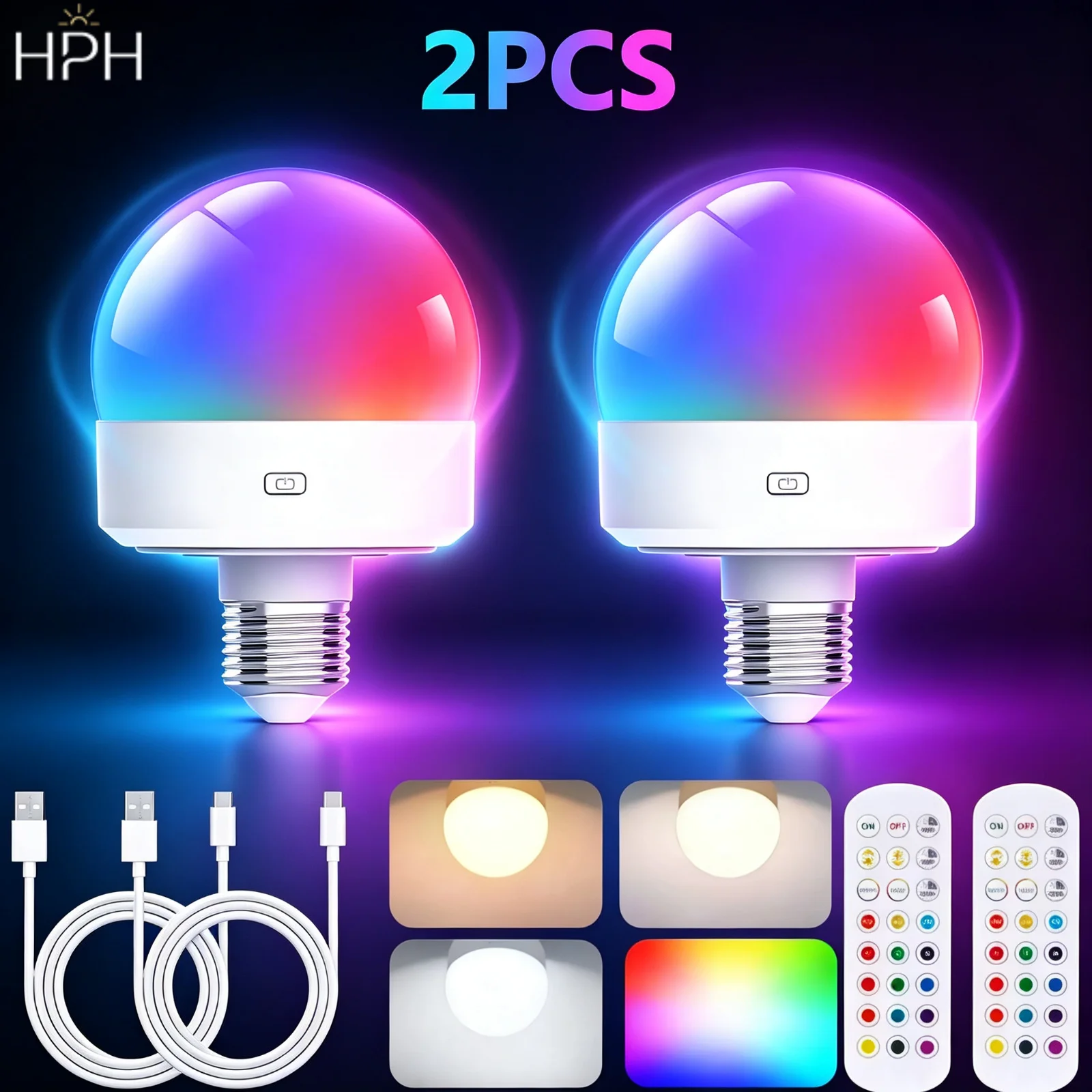 Image of HPH LED-Glühbirnen 2 Stück, Fernbedienung, wiederaufladbare Glühbirne mit Timer, dimmbar, 13 Farben, Ambientebeleuchtung, LED-Gaming-Dekoration