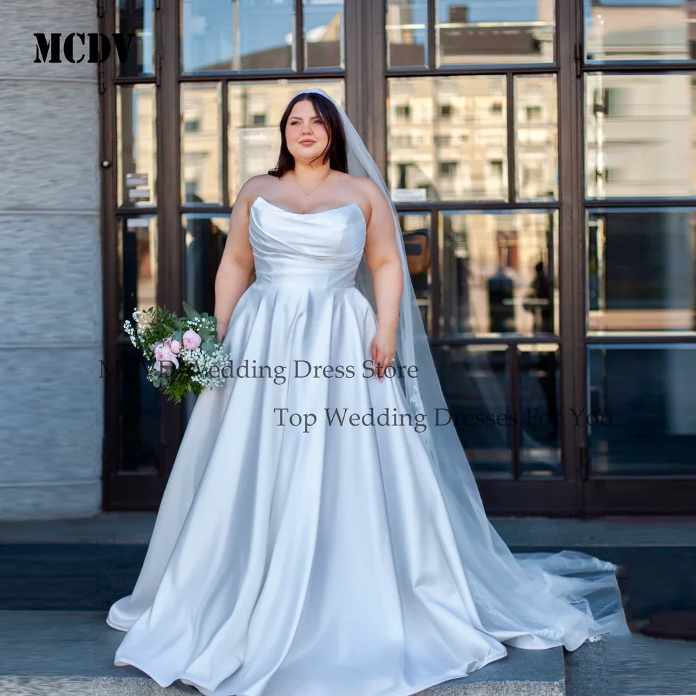 

MCDV A Line Satin Wedding Gown For Large Size Women Straplessn Lace Up Pleats Wedding Dress Long Party Bride Dress Customized