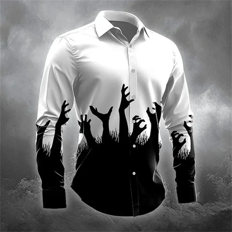 Halloween Horror Button Up Long Sleeve Shirts For Men 3D Print Skull Casual Shirts Clothes Mens Oversized Tee Shirt Ropa Hombre