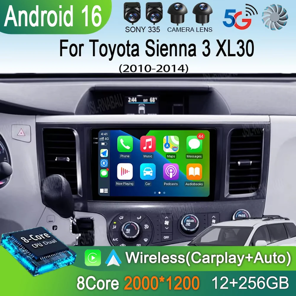 

Автомагнитола Android 16 для Toyota Sienna 3 XL30 2010-2014 с Carplay, 2K экраном, мультимедийным видеоплеером, 2 din, стереосистема