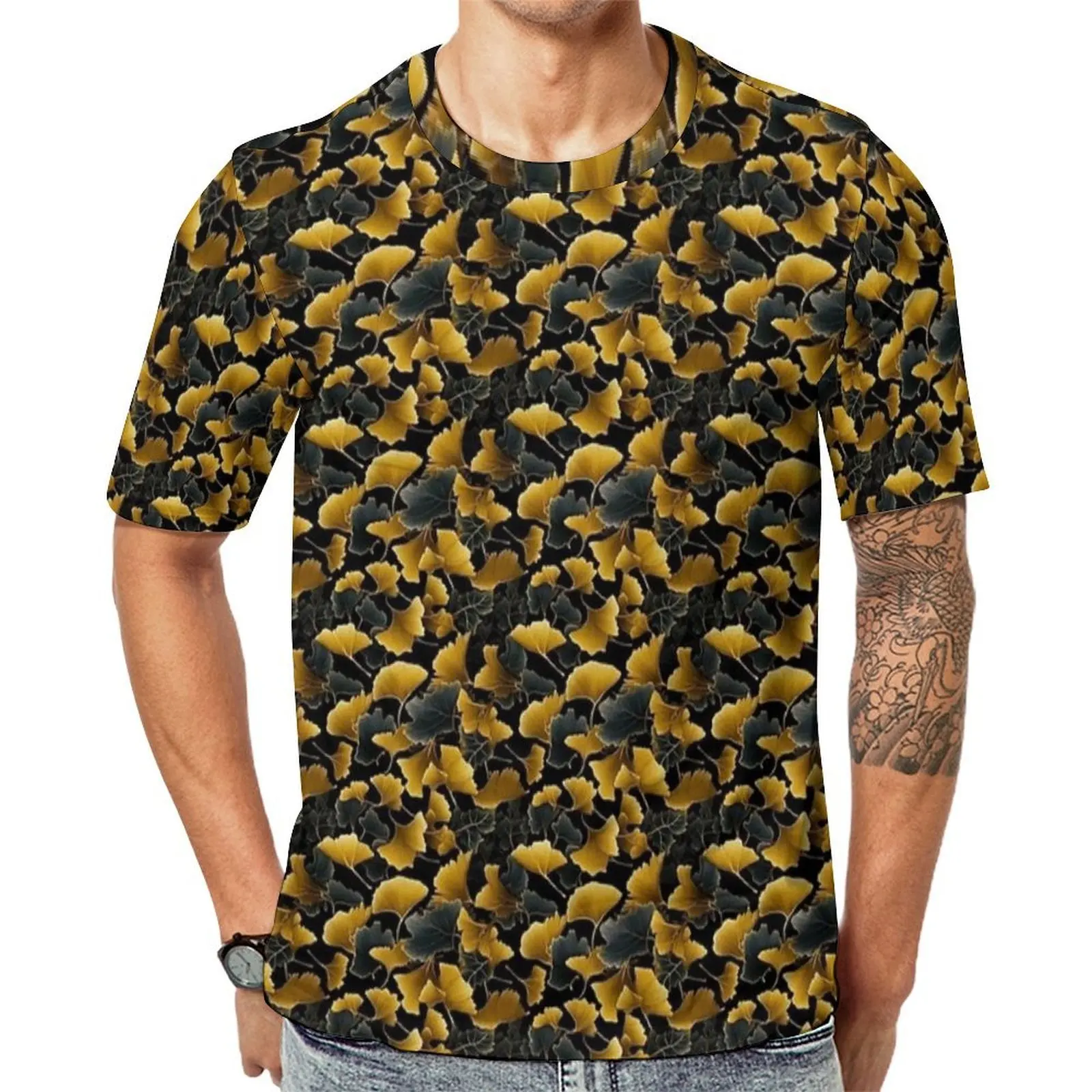 Dark Golden Leaf Tile Print T Shirt  Hippie T Shirts Mens Y2K Fun Tee Shirt Summer Short Sleeve Graphic Top Tees Plus Size
