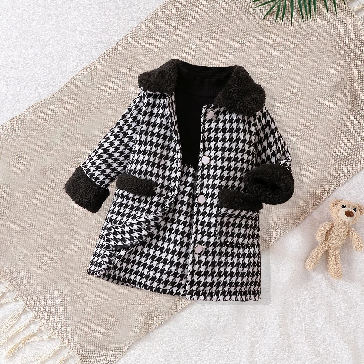JOPGEEY Zweiteiliges Set für Babys, niedliches, modisches, schwarz kariertes Kleid mit Pelzkragen und Jacken-Outfit