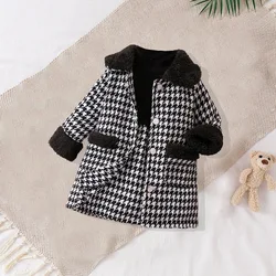 JOPGEEY Baby Girls Two-Piece Set Cute Fashionable Black Checkered Dress with Fur Collar Jacket Outfit