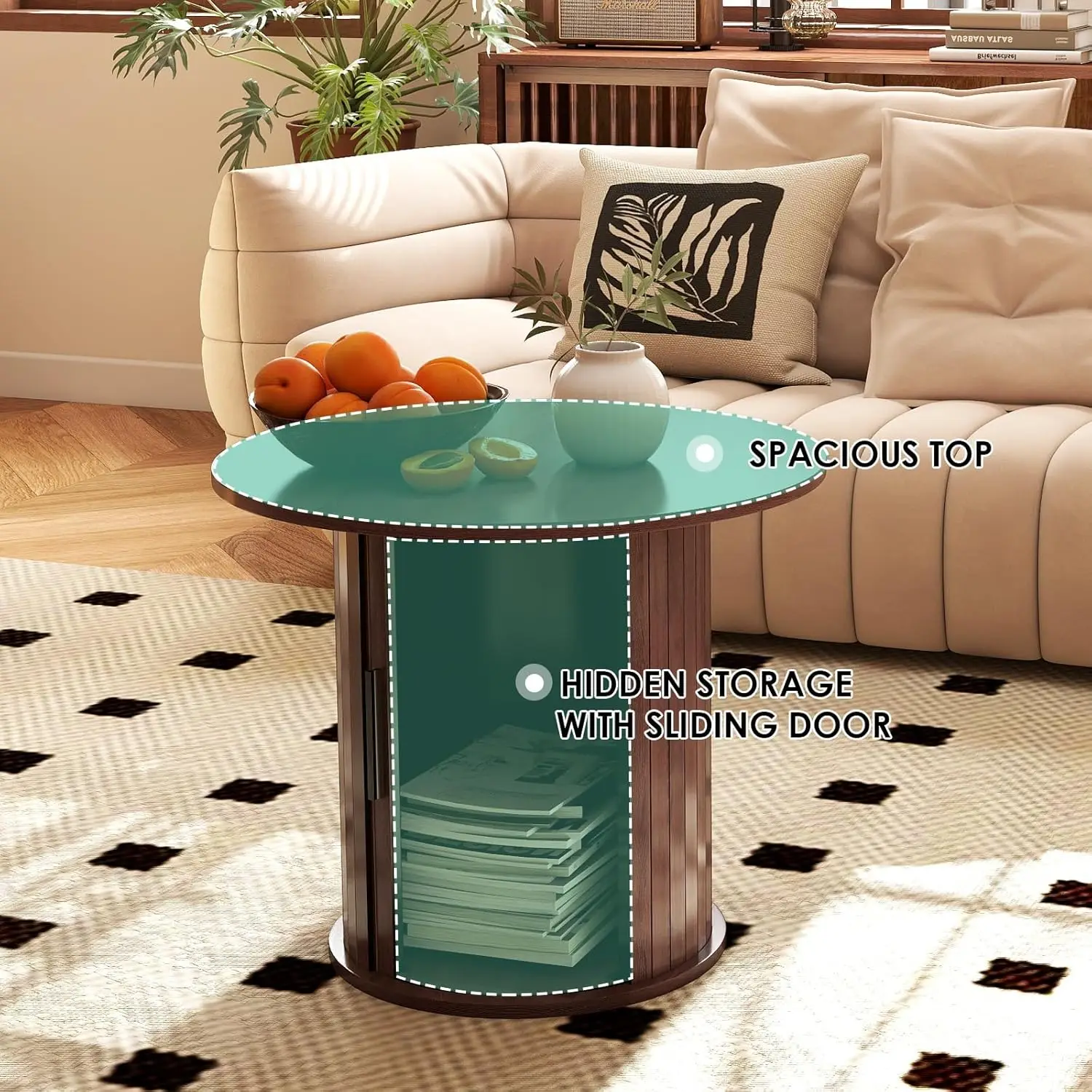 طاولة قهوة خشبية مستديرة مقاس 23.6 بوصة مع مساحة تخزين مخفية وباب منزلق، مجموعات طاولات جانبية للمزرعة الدائرية لغرفة المعيشة وغرفة النوم، Ba
