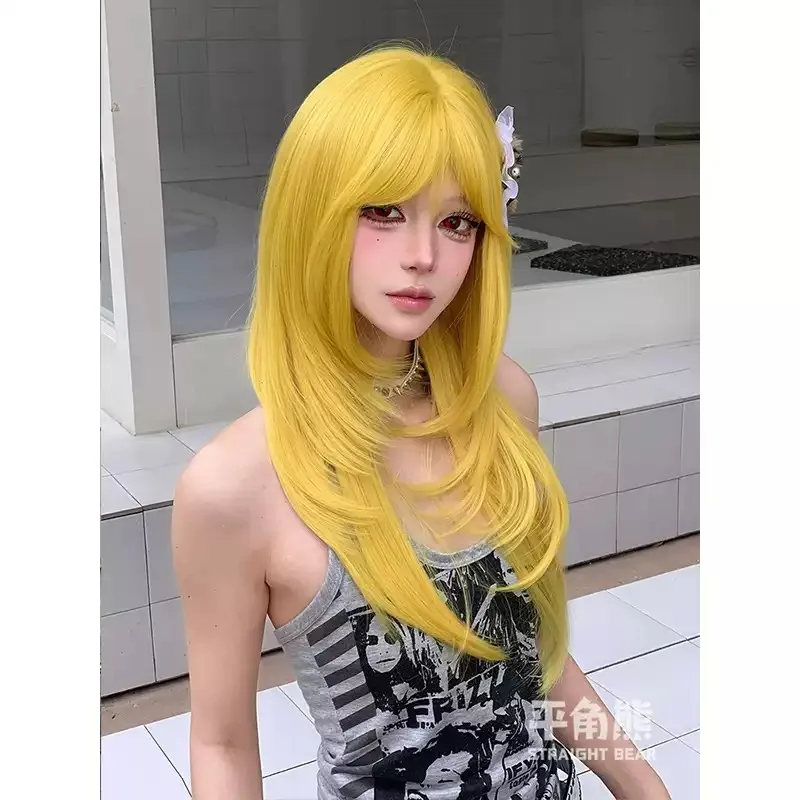 Lemon‑Yellow Long Layered Straight Full‑Head Wig for Women, Synthetic Wig with Fringe, Trendy Bold Color Party Daily Outfits
