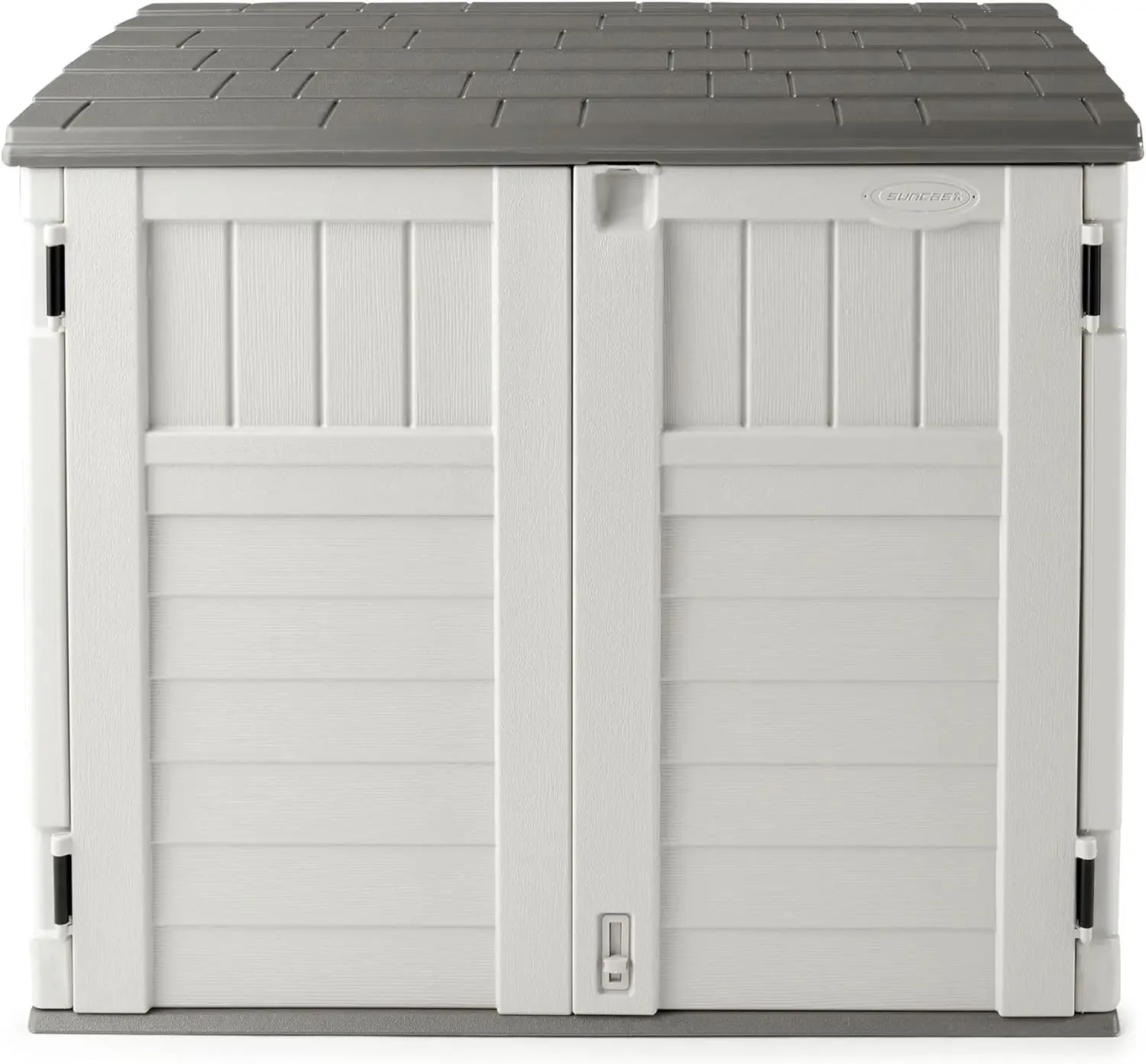 Horizontal 34 Cubic Feet Plastic Outdoor Storage Shed with Floor and 3 Door Locking System for Backyard,