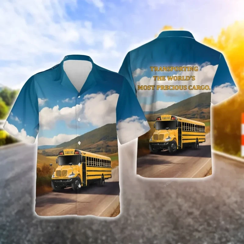 

2024 School Bus Men's Shirts Lapel Fashion Shirt For Men Street Short Sleeve Top Uniform Summer Men Hawaiian Shirts Wholesale