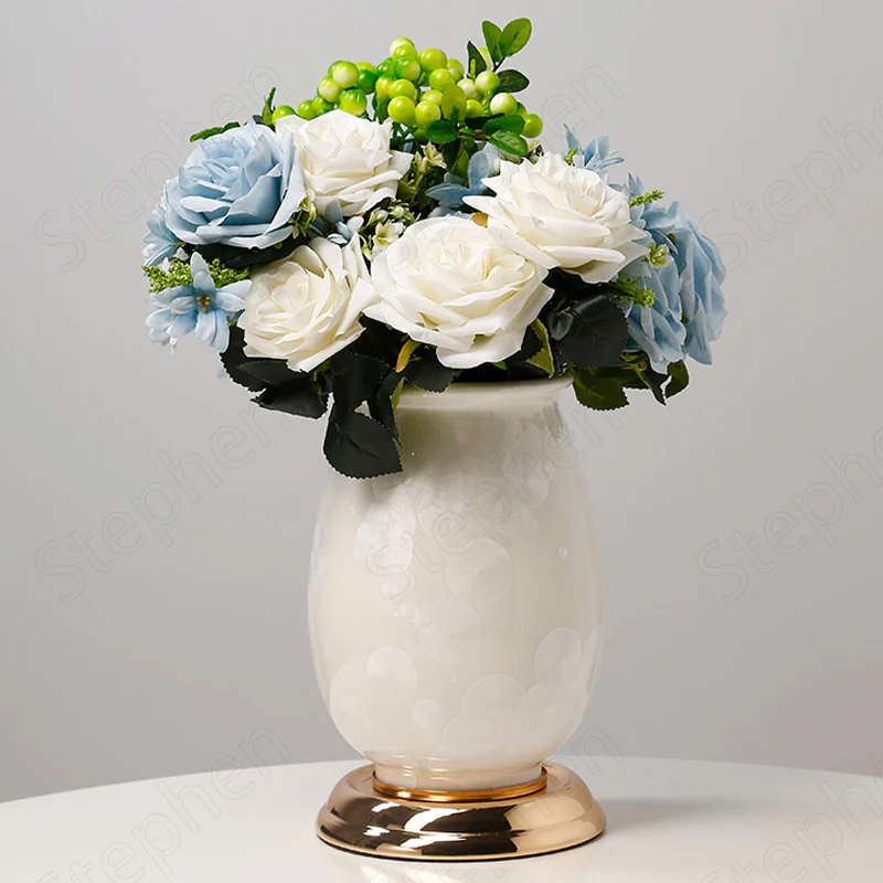 European White Gold Ceramic Vase French Classic Romance High Feet Flower Vases Living Room Desktop Flowers Pots Home Decoration